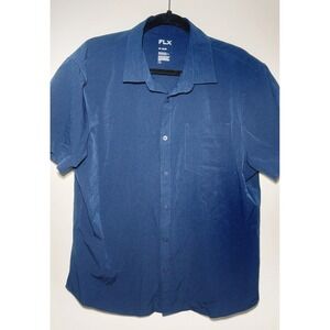 FLX Mens XL Slim Short Sleeve Button Down Shirt Navy Blue Grid Texture Stretch